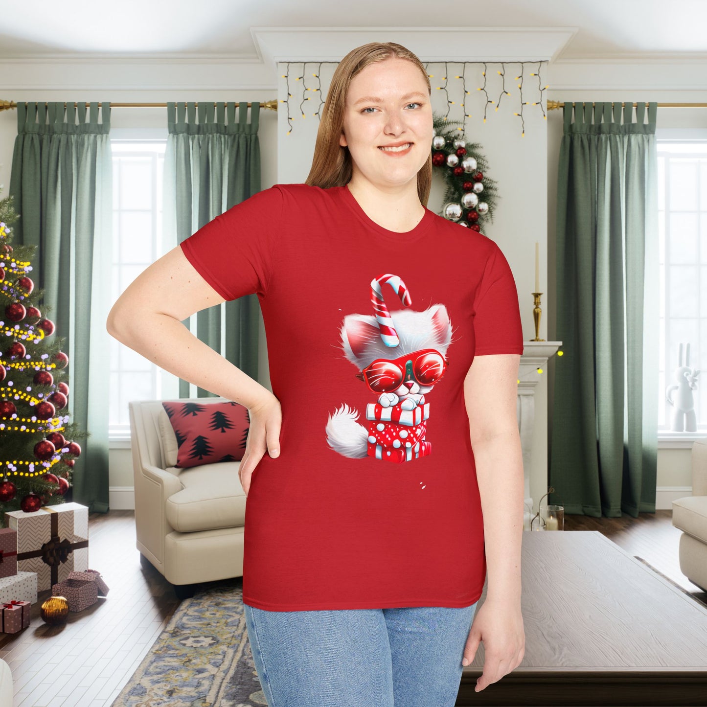 Candy Cane Kitten Adult T-shirt
