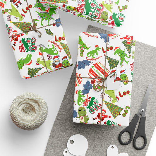 Dinosaur Santa Themed Custom Name Wrapping Paper (Leo)