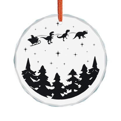 Santa Sleigh with Dinosaurs Silhouette Glass Ornament