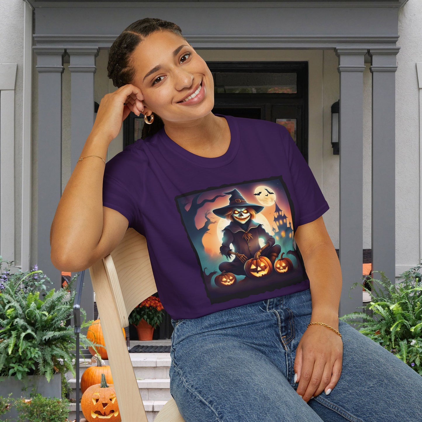 Halloween Scarecrow w/Pumpkins Adult T-shirt