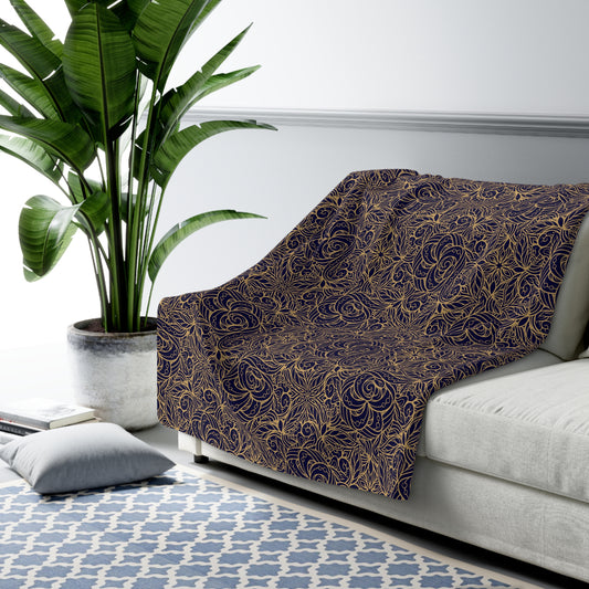 Oriental Blue/Gold Floral Fleece Blanket