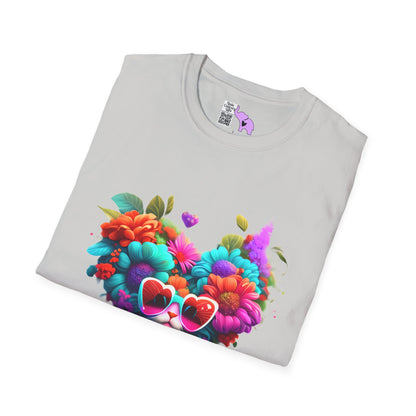 Colorful Flowers/Heart Kitten Adult T-shirt