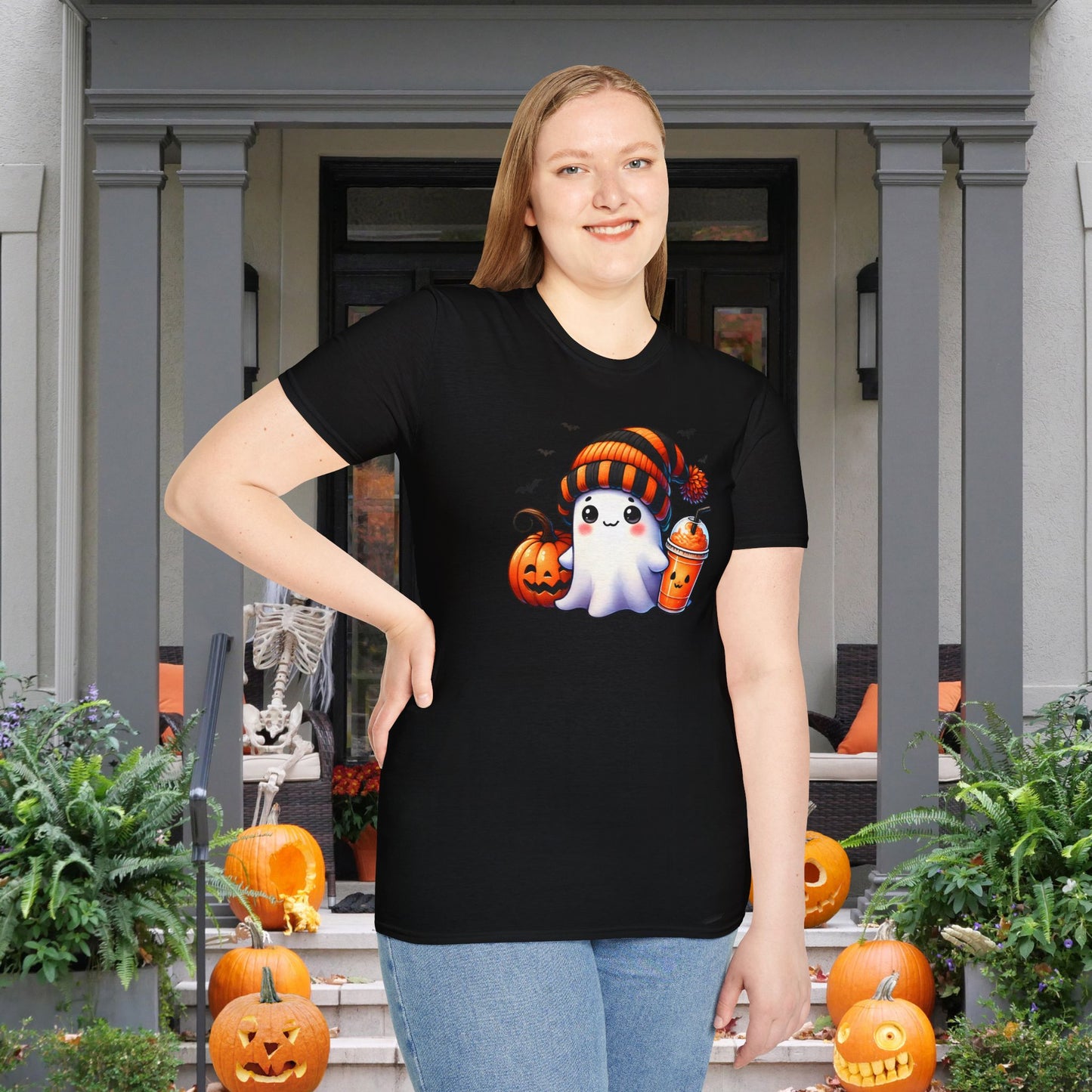 Cute Ghost w/Pumpkins Adult T-shirt