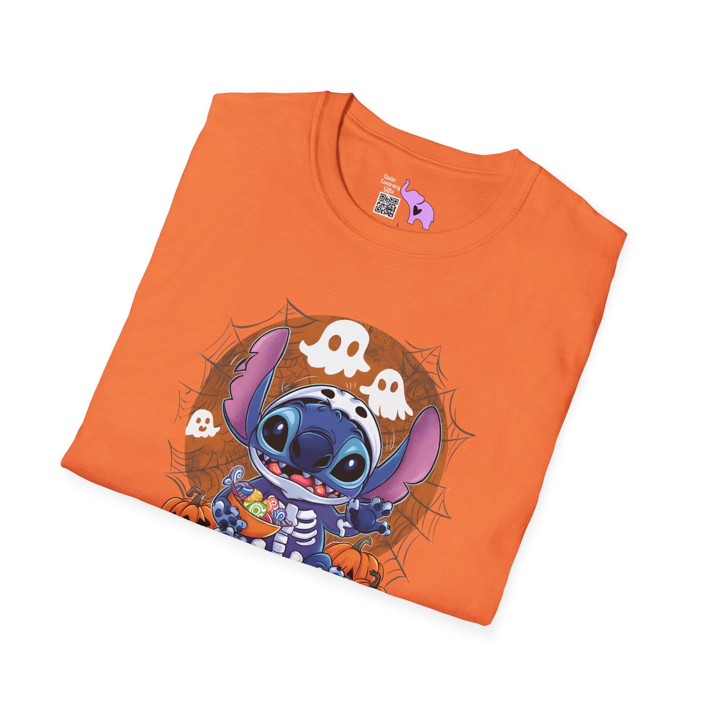 Halloween Skeleton Stitch w/Ghosts & Pumpkins Adult T-shirt
