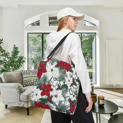Winter Poinsettia Garden Canvas Tote Bag