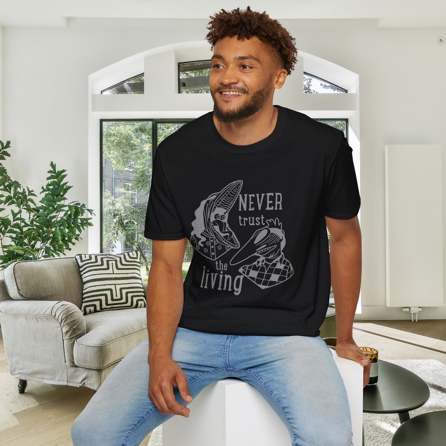Beetlejuice Never Trust The Living Barbara & Adam Adult T-shirt