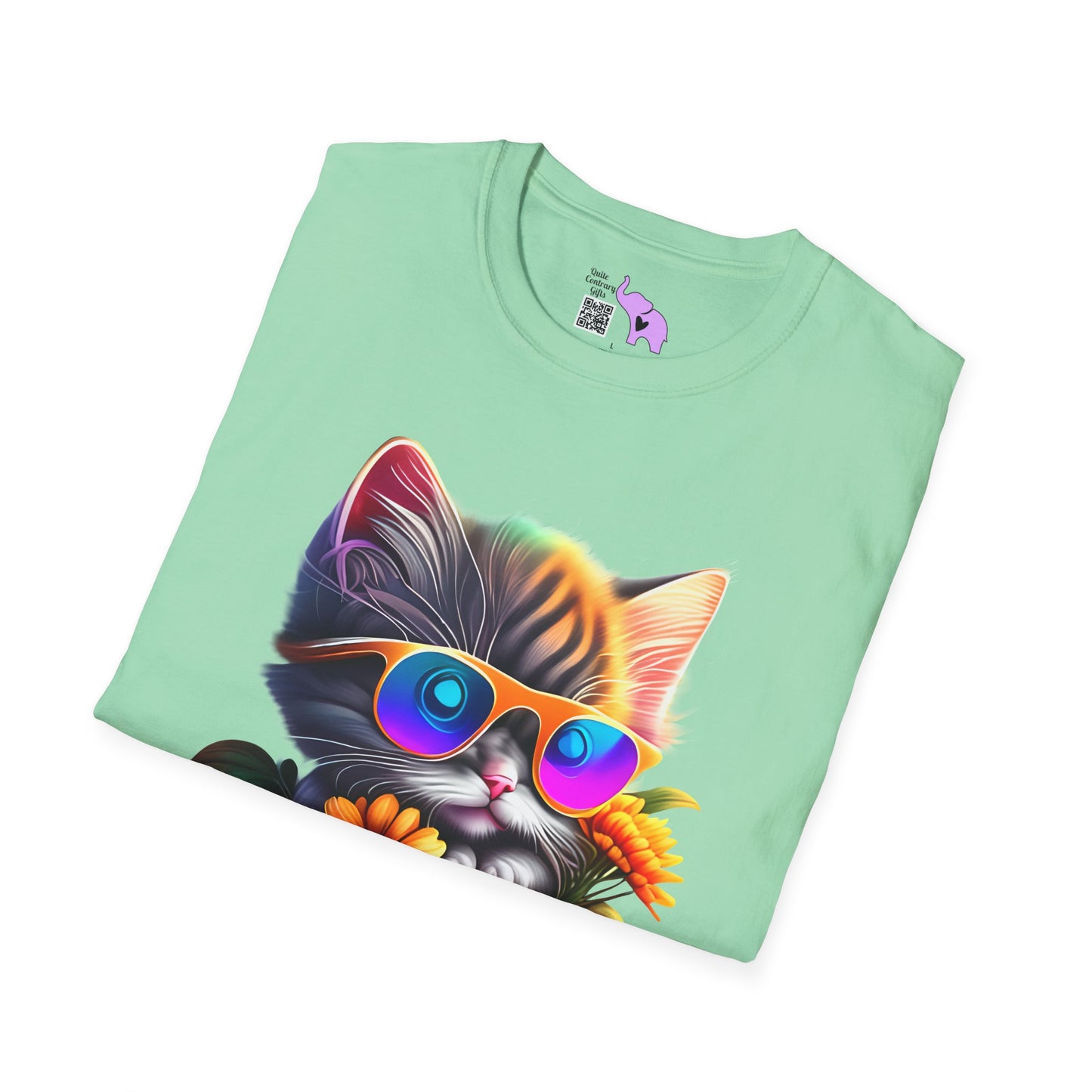 Cool Colorful Kitten in Flowers Adult T-shirt