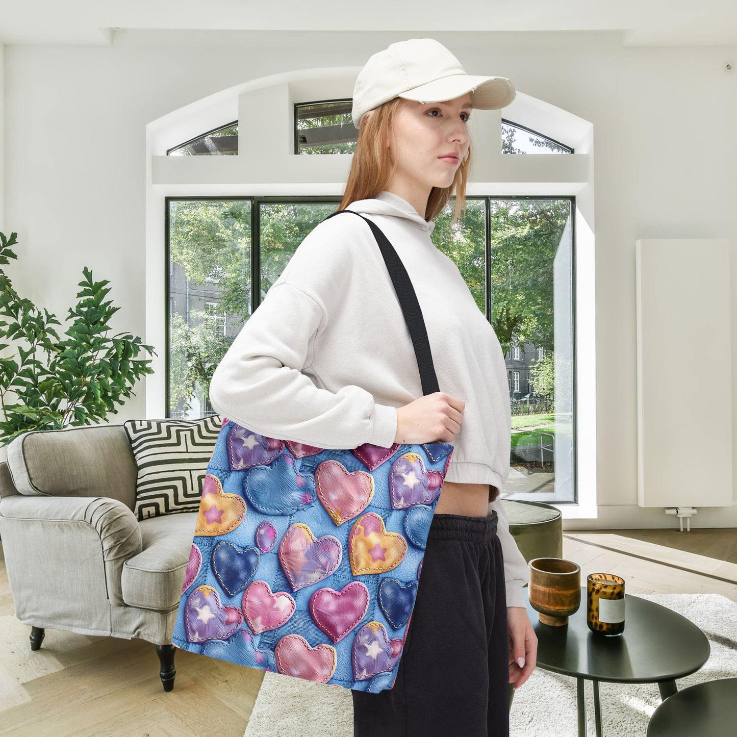 Color Pop Stitched Hearts Canvas Tote Bag
