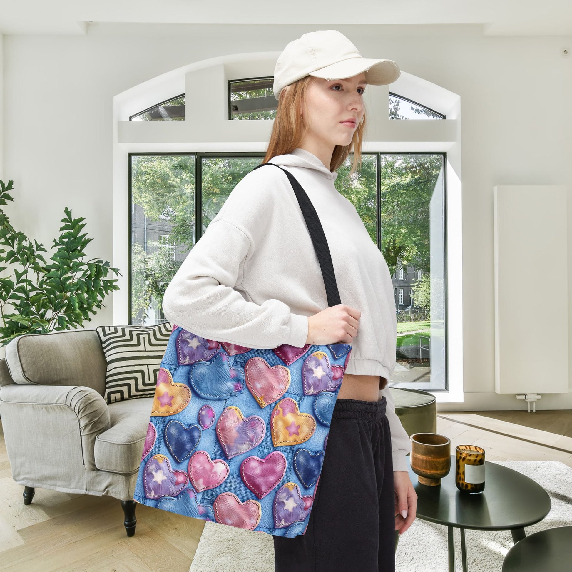 Color Pop Stitched Hearts Canvas Tote Bag