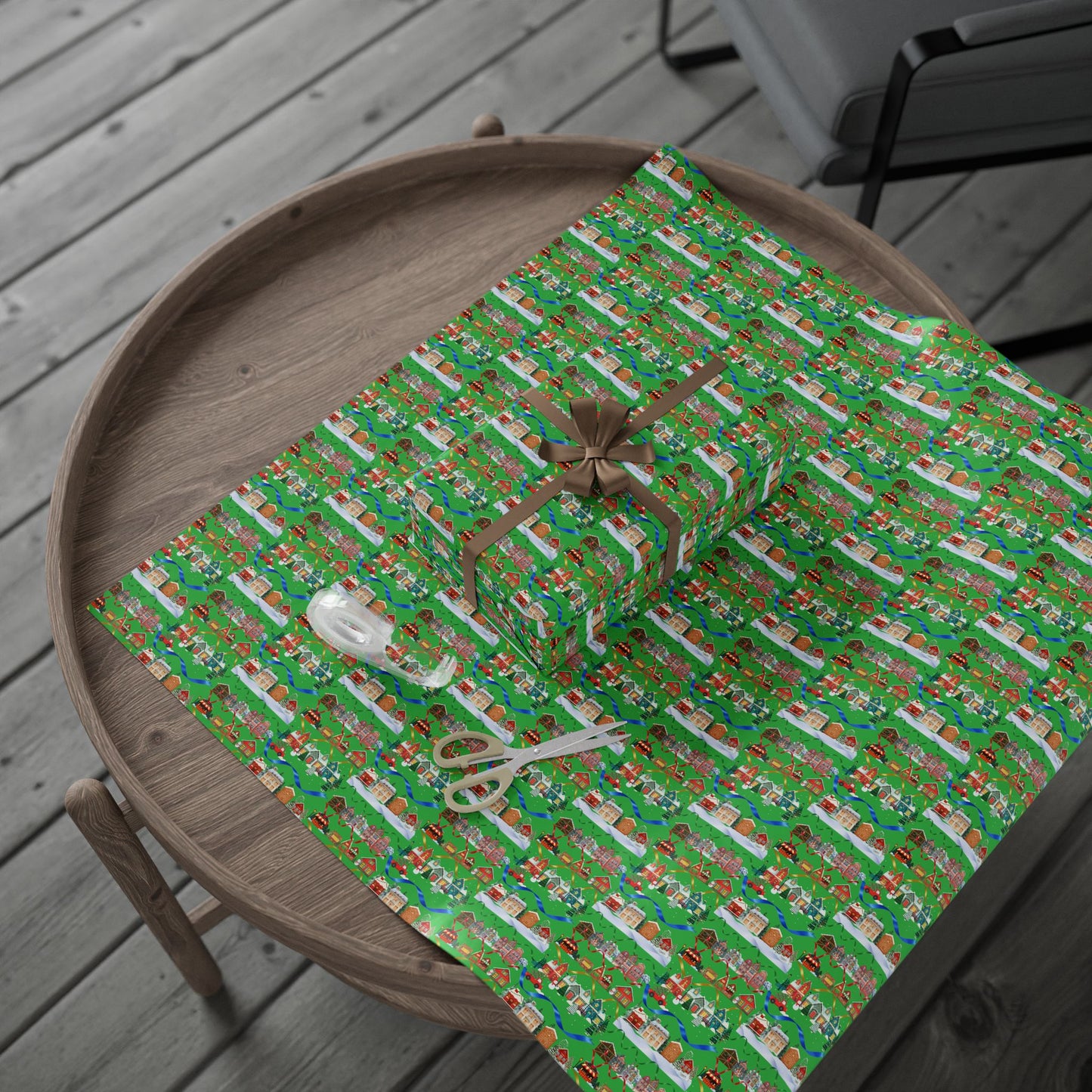 Colorful Christmas Village Green Wrapping Paper