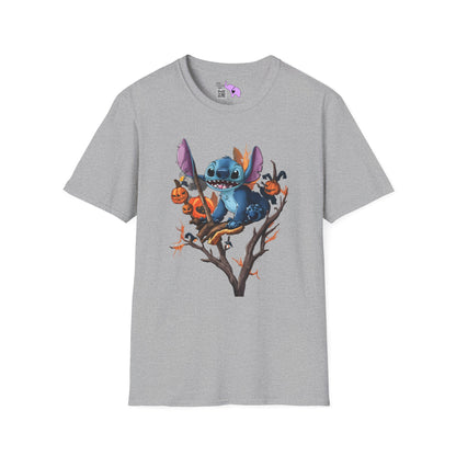 Halloween Stitch in Tree w/Pumpkins Adult T-shirt