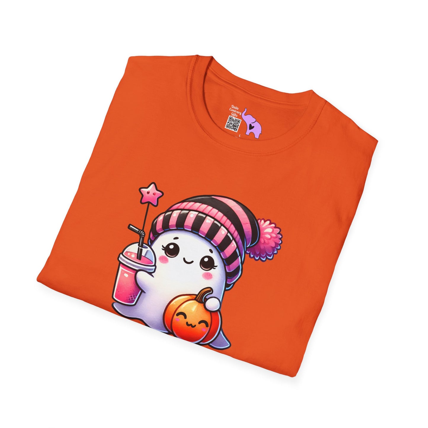 Cute Ghost w/Pumpkin and Pink Drink Adult T-shirt