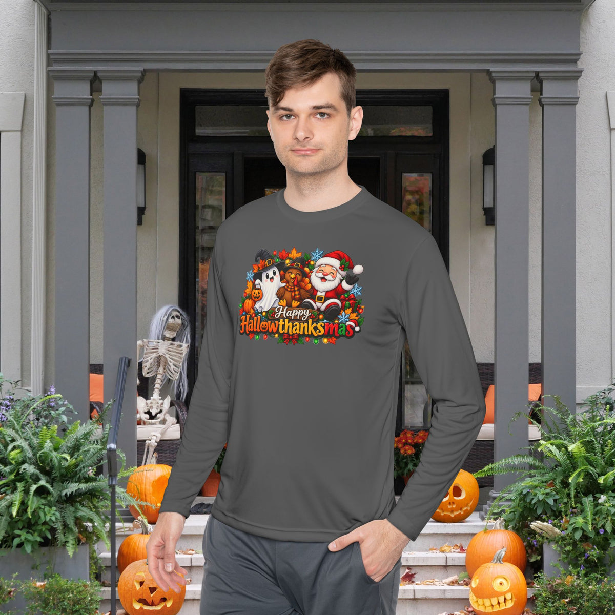 Happy Hallowthanksmas Shirt (Ghost/Turkey/Santa) Adult Long Sleeve Tee