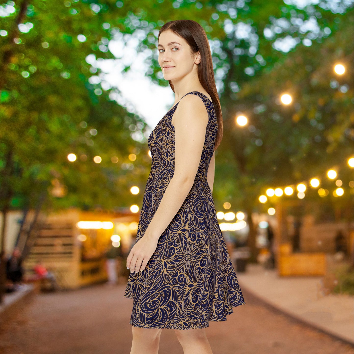 Golden Midnight Radiance Mandala Women's Skater Dress
