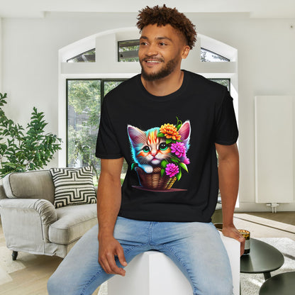 Cute Colorful Kitten in Flowers Adult T-shirt