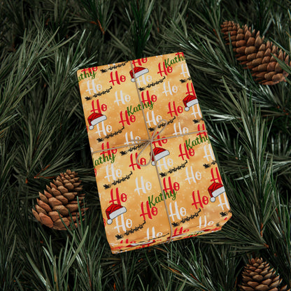 Gold Ho Ho Ho Custom Name Wrapping Paper (Kathy)