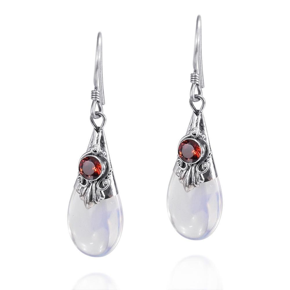 White Moonstone Waterdrop Earrings w/Ruby Red Stones