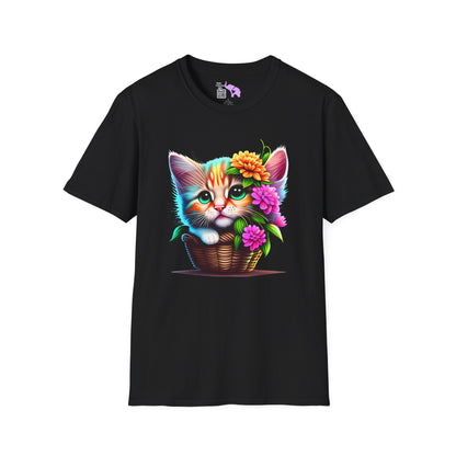 Cute Colorful Kitten in Flowers Adult T-shirt