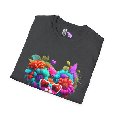Colorful Flowers/Heart Kitten Adult T-shirt