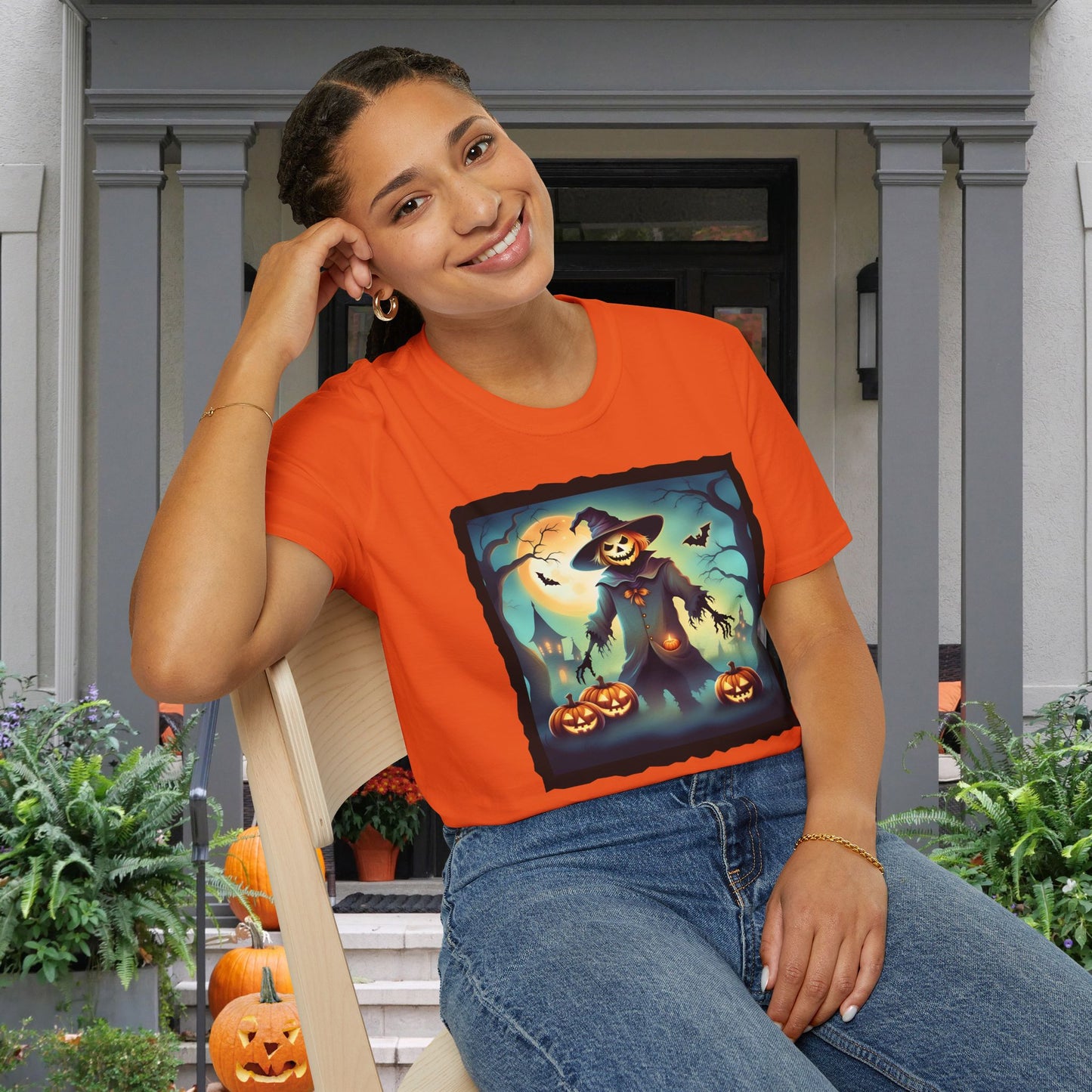 Halloween Scarecrow w/Pumpkins 3 Adult T-shirt