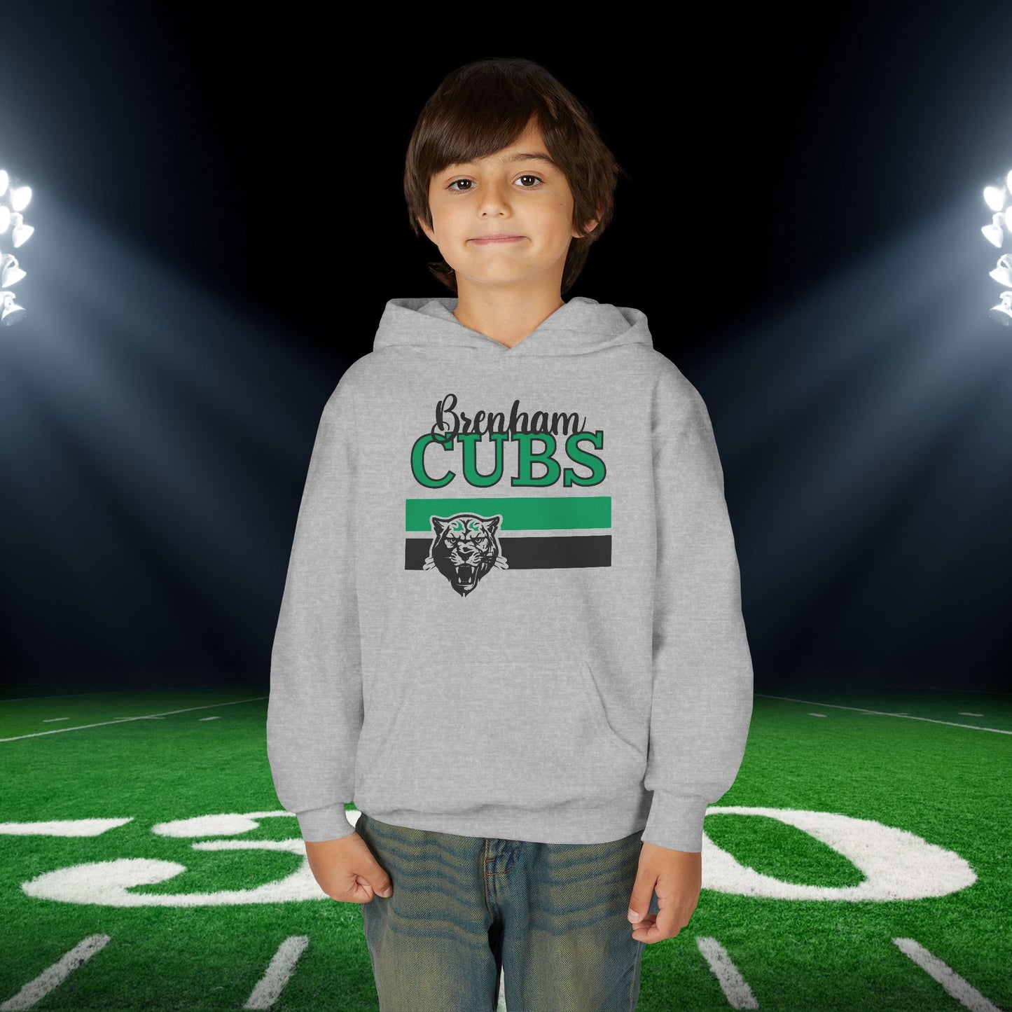 Brenham Cubs w/Mascot & Stripes Mascot Youth Heavy Blend Hoodie
