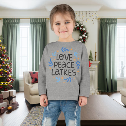 Hanukkah Love Peace Latkes Toddler Long Sleeve Tee