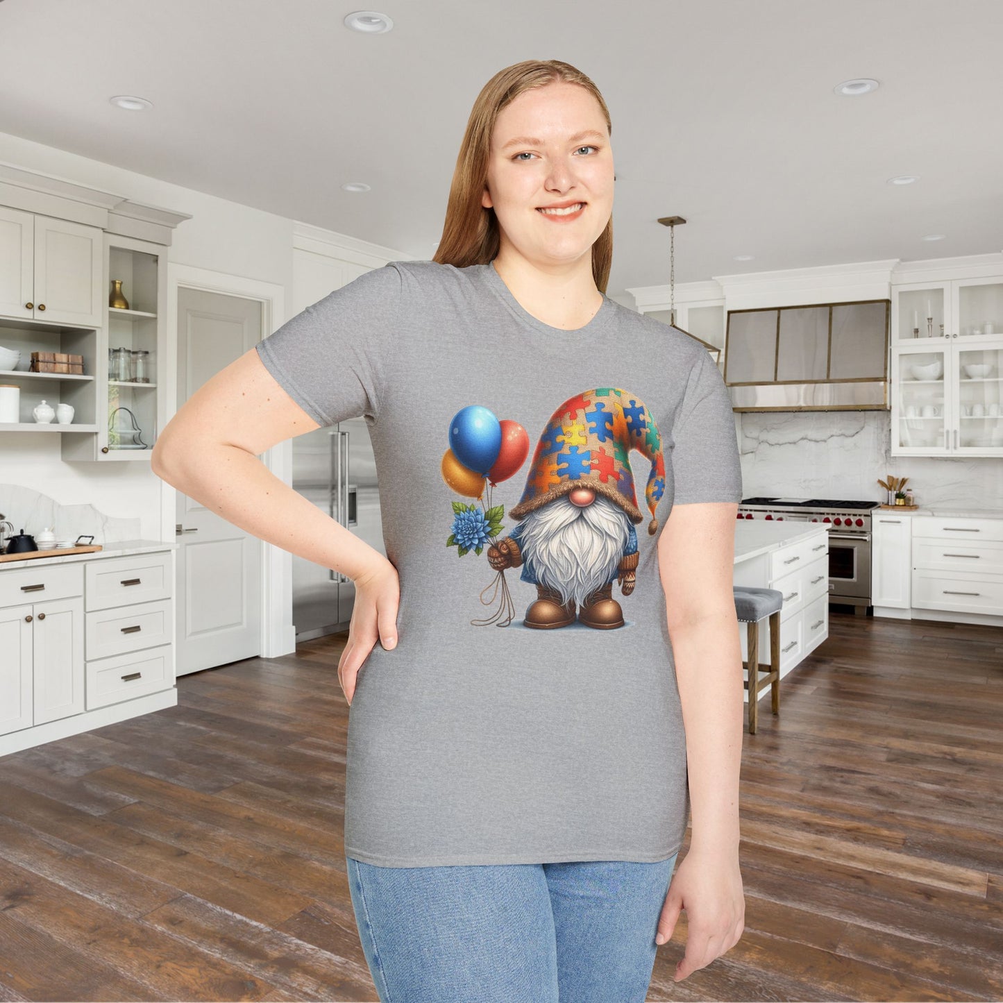 Autism Awarness Gnome w/Balloons Adult T-shirt