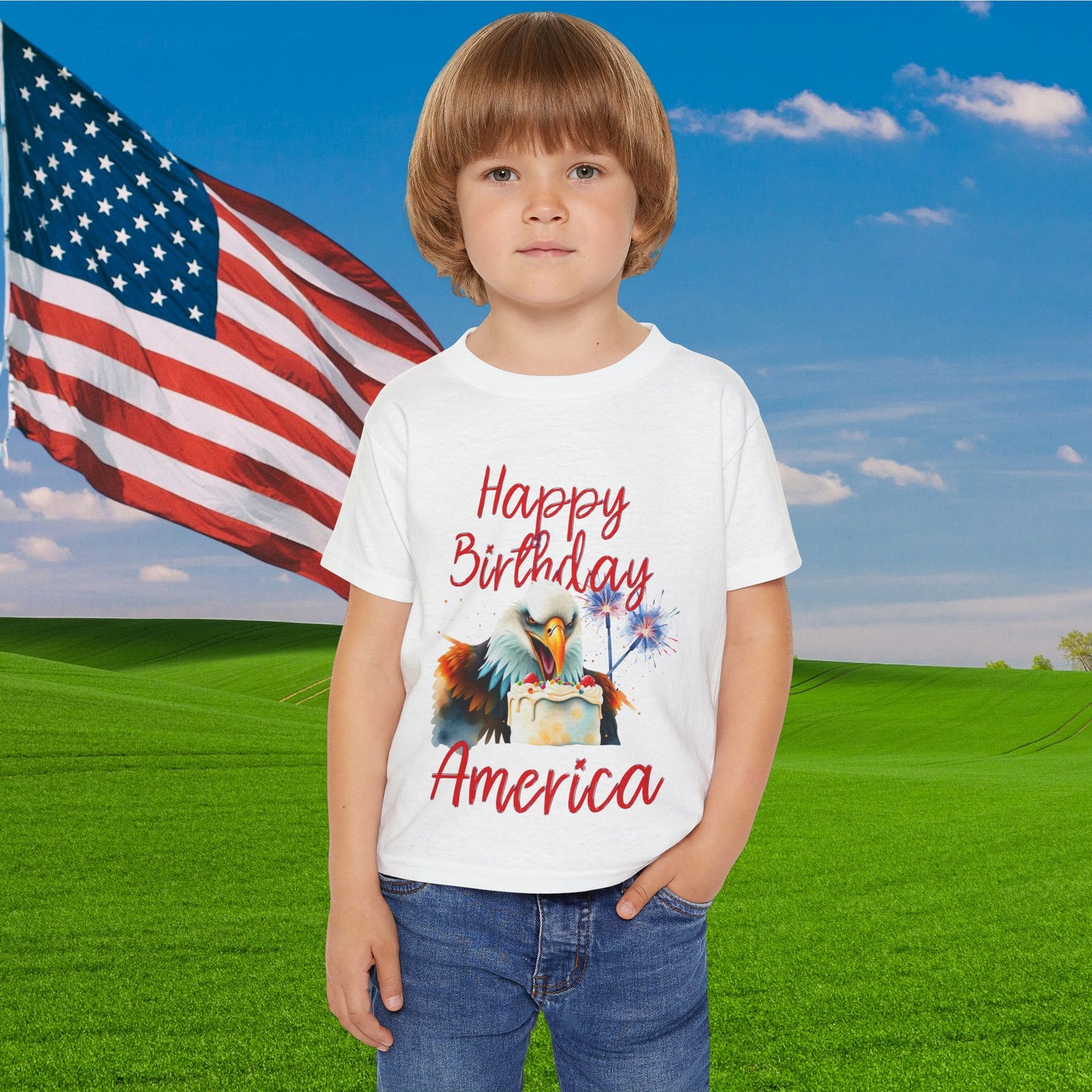 Happy Birthday America (Eagle Eating Cake) Heavy Cotton™ Toddler T-shirt