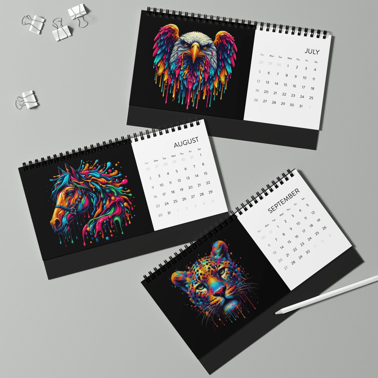 2026 Color Splash Animal Desktop Calendar — Grid Monthly Planner