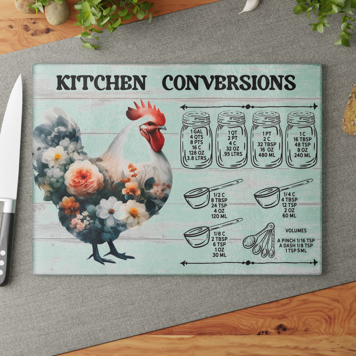 Floral Chicken Kitchen Conversions Glass Cutting Board | Perfect Gift for Home Cooks