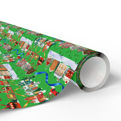 Colorful Christmas Village Green Wrapping Paper