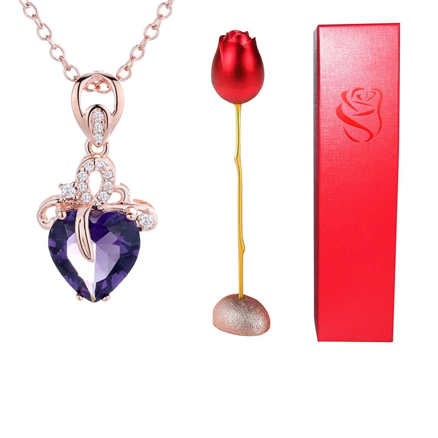 Heart Shaped Crystal Diamond Pendant Rose Head Necklace