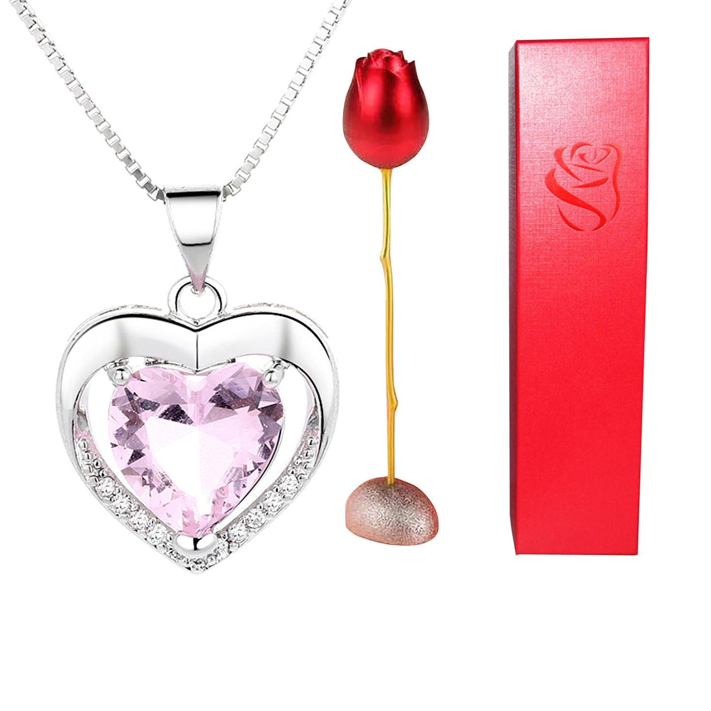 Heart Shaped Crystal Diamond Pendant Rose Head Necklace