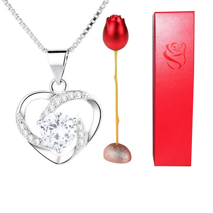 Heart Shaped Crystal Diamond Pendant Rose Head Necklace