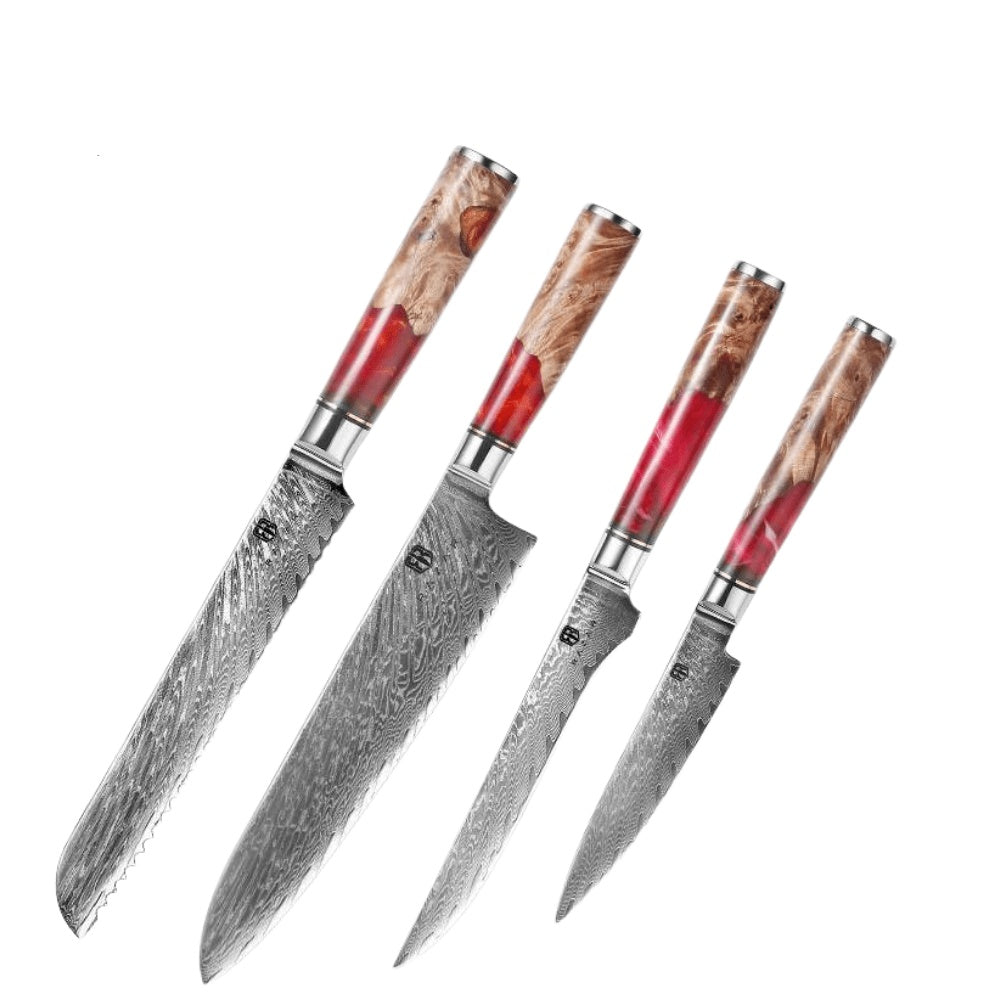 Damascus Steel Chef's Knife Set w/Red Resin & Wood Handle