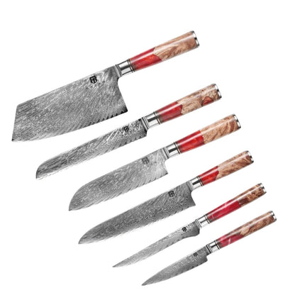 Damascus Steel Chef's Knife Set w/Red Resin & Wood Handle