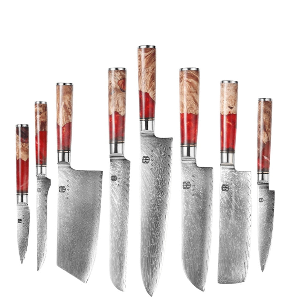 Damascus Steel Chef's Knife Set w/Red Resin & Wood Handle