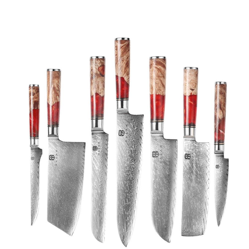 Damascus Steel Chef's Knife Set w/Red Resin & Wood Handle