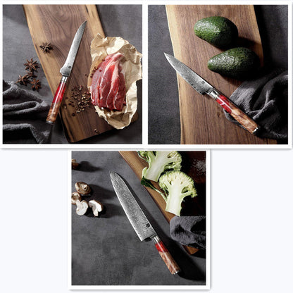 Damascus Steel Chef's Knife Set w/Red Resin & Wood Handle