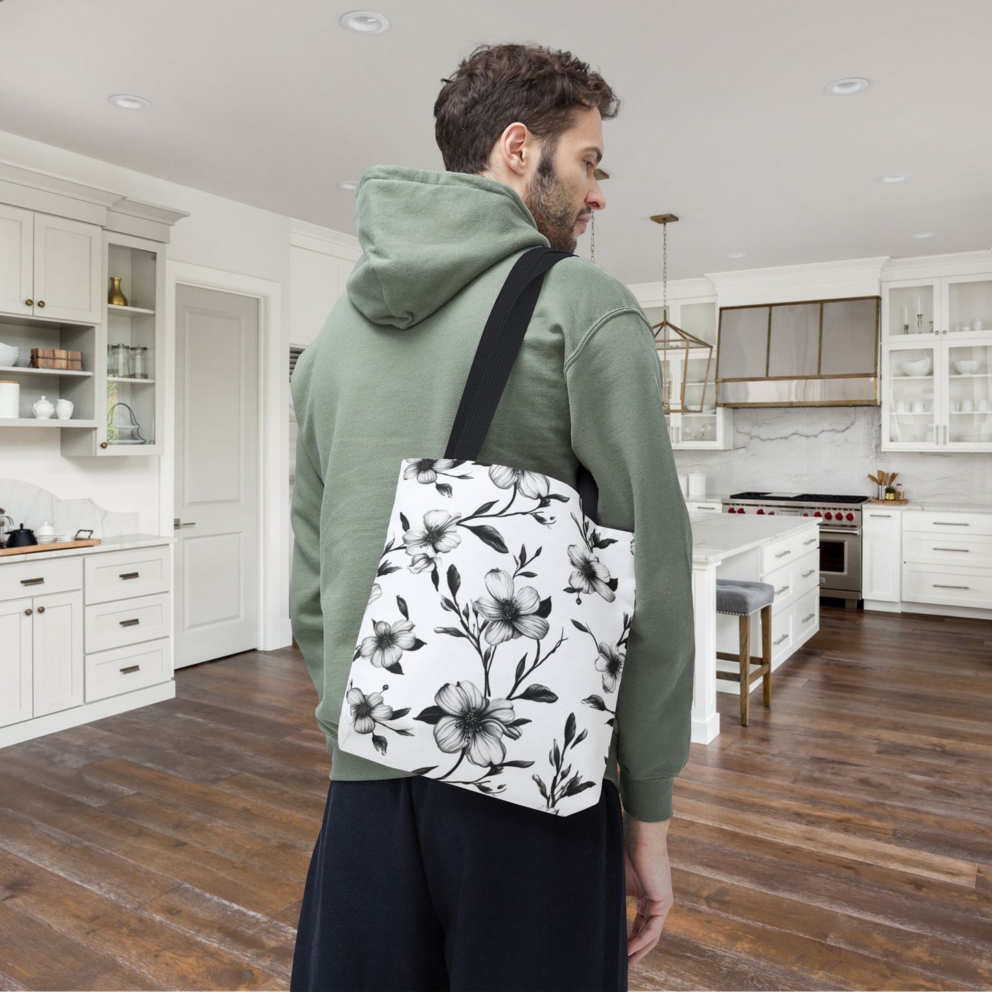 Black & White Five Petal Floral Canvas Tote Bag