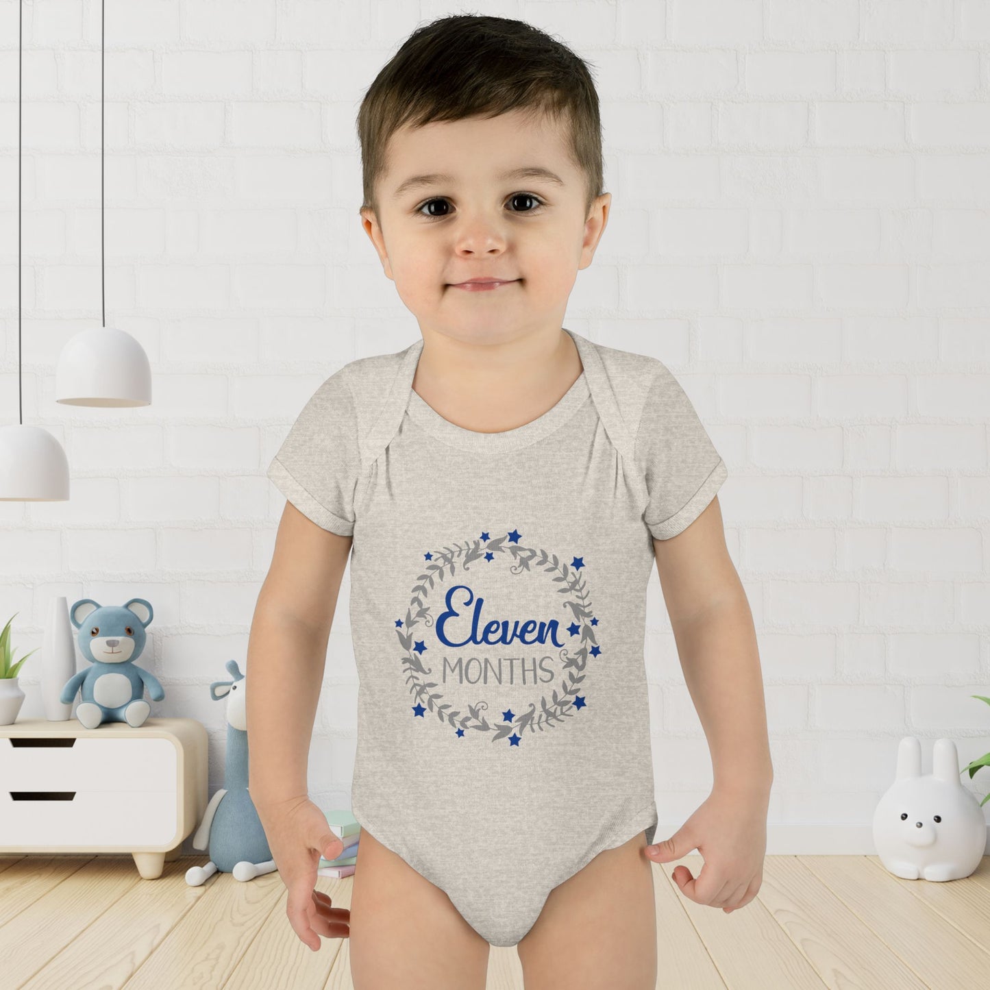Blue Milestone Wreath Onesie-Eleven Months