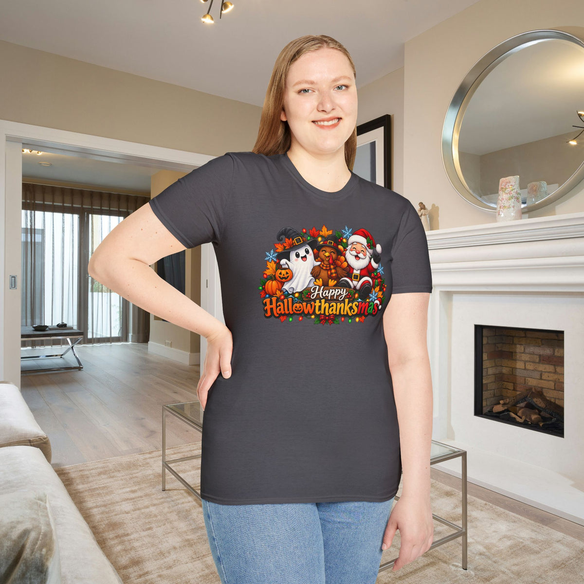 Hallowthanksmas Shirt (Ghost/Turkey/Santa) Adult T-shirt