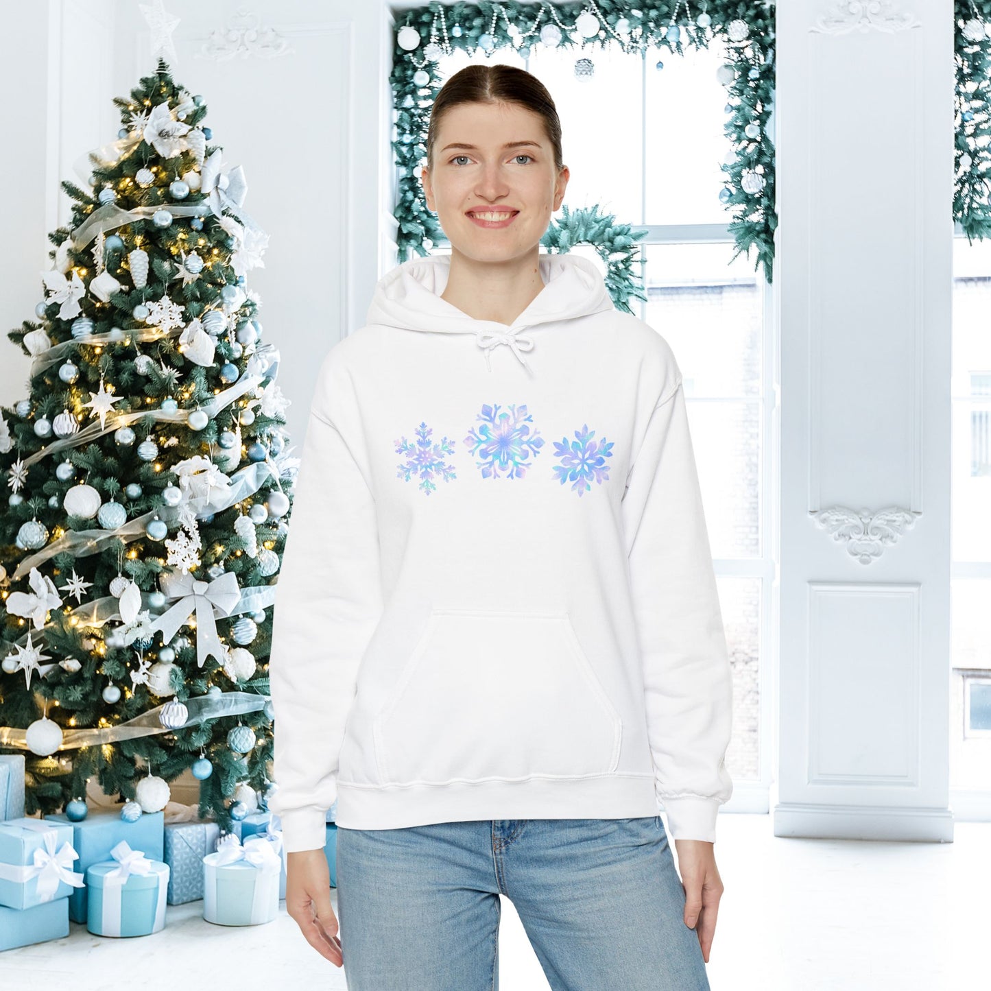 Blue Snowflakes Adult Heavy Blend™ Hooded Sweatshirt