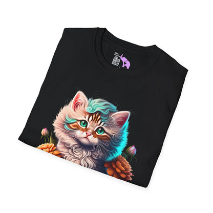 Cute Colorful Kitten in Flowers 3 Adult T-shirt