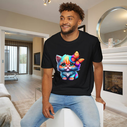 Cute Colorful Kitten w/Butterfly Adult T-shirt