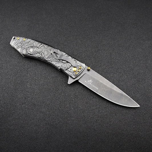 Stainless Steel Wolf-Themed Folding Pocket Knife