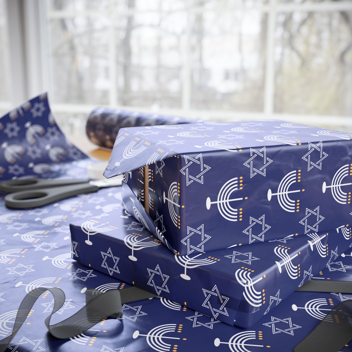 Menorah/Star of David (Blue) Hanukkah Wrapping Paper