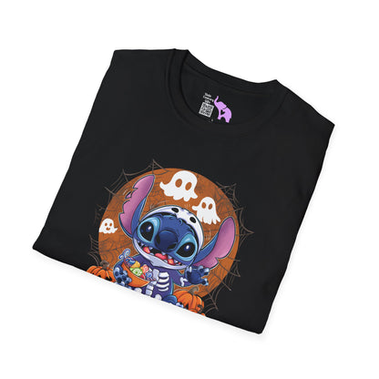 Halloween Skeleton Stitch w/Ghosts & Pumpkins Adult T-shirt