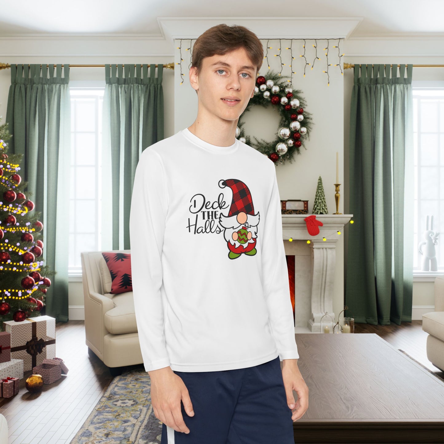 Deck the Halls Plaid Gnome Youth Long Sleeve Tee