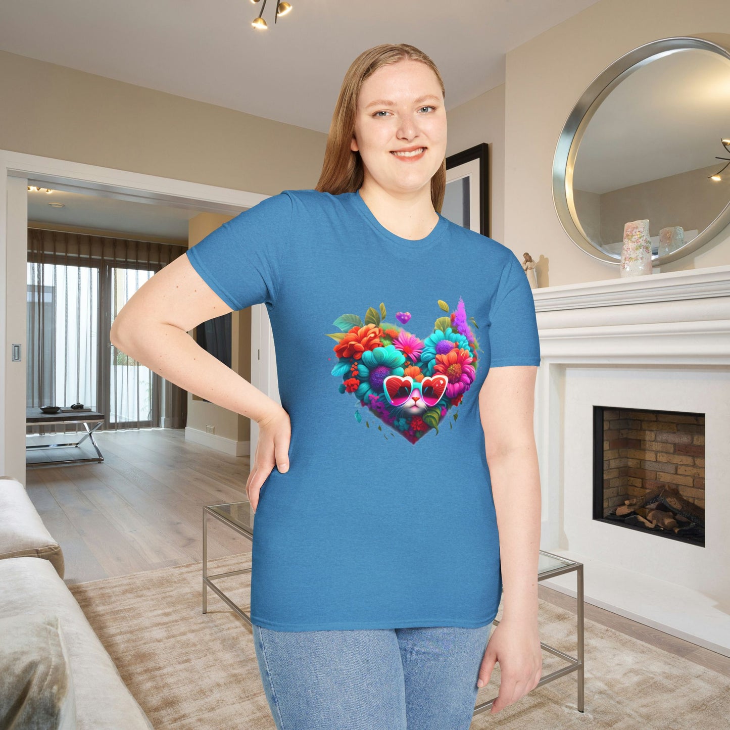Colorful Flowers/Heart Kitten Adult T-shirt